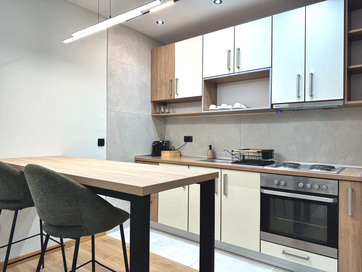 Kitchen worktop with sink and appliances
