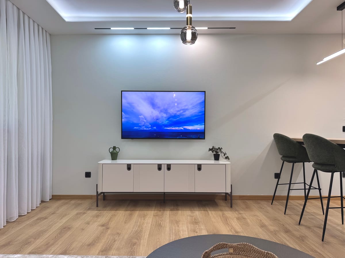 TV area with bar stools