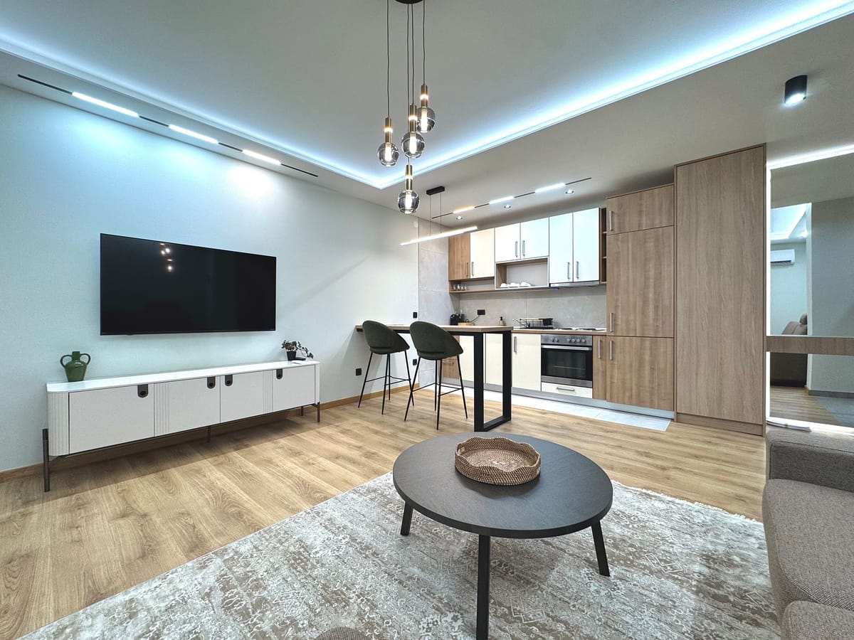 View from the living room towards the kitchen and dining area